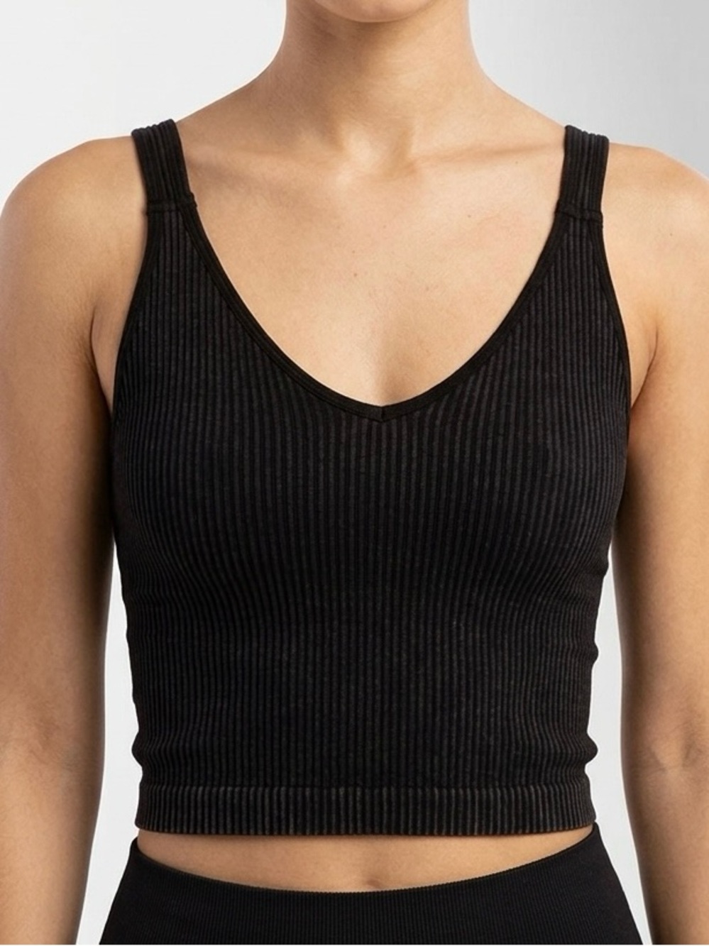 Free People Solid Ribbed V-Neck Brami Crop Top Washed Black Size Small